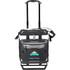 A black and grey rolling cooler with a telescopic handle and a front pocket, featuring a logo.