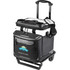 A black and white rolling cooler with a handle, featuring cup holders and a front zip pocket, includes a logo.