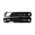 A multi-tool featuring a black body, metal components, and a carabiner clip for convenient attachment.