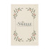 A cream-coloured tea towel featuring a floral design with green leaves and small pink accents, with a logo at the centre.