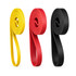 A set of three resistance bands in yellow, red, and black, coiled neatly with a logo on each band.