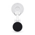 A white phone holder with a black magnetic base and a suction cup for mounting. It features a logo on the back.