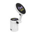 A white phone holder with a rotating top, featuring a round, black surface with a logo.