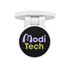 A round phone holder in white with a dark circular base featuring a logo in purple and green.