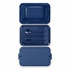A navy blue double tray lunchbox with a matching lid and cutlery set including a spoon, fork, and knife.
