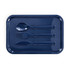A navy blue tray containing a spoon, fork, knife, and a spork. The tray has a sleek design and branding.