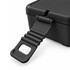 A black lunchbox featuring a detachable handle and a secure lid is prominently displayed. It has a sleek design.