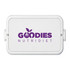 A white double tray lunchbox with a logo in purple, featuring compartments for food storage.