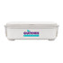 A white double tray lunchbox with a secure lid and a logo on the front.