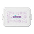 A white double tray lunchbox featuring a purple illustrated design and a logo on the front.