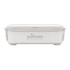 A white double tray lunchbox with a smooth finish and a logo on the front. Features secure lid and side clips.
