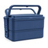 A navy blue double tray lunchbox with a handle and secure clasp, featuring a stacked design for easy storage.