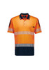 A short sleeve polo in bright orange with navy accents and segmented reflective tape, featuring a pocket and logo.