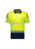 A short sleeve polo in high visibility yellow and navy, featuring segmented reflective tape and a pocket. It has a logo.