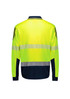 A long sleeve polo in hi-vis yellow with navy accents and segmented reflective tape, featuring a logo.