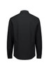 A black long sleeve men's shirt with a collar and buttoned cuffs, featuring a logo on the back.