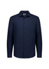 A navy long sleeve shirt with a button-up front and a collar, featuring a logo on the label.