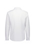 A white long sleeve shirt with a collar and buttoned cuffs, featuring a logo on the label.