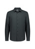 A men's long sleeve shirt in dark grey with a button-up front and collar, featuring a logo on the label.
