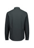 A dark grey long sleeve shirt with a collared neck and buttoned cuffs, featuring a logo on the back.