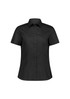 A short-sleeved women's shirt in black with a classic collar and buttoned front, featuring a logo.