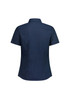 A navy blue women's short sleeve shirt featuring a collared neckline and rear detailing. It has a logo on the fabric.