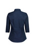 A navy women's 3/4 sleeve shirt with a collar and buttoned sleeves, featuring a logo on the back.