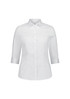 A white women's 3/4 sleeve shirt with a collar and button front, featuring a logo on the chest.