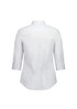 A white women's 3/4 sleeve shirt with a back view showing a classic collar and button detail. Features branding.