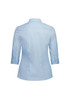 A light blue women's shirt with 3/4 sleeves and a curved hem, featuring a logo on the back.