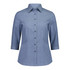 A blue and white striped women's 3/4 sleeve shirt with a collar and buttons, featuring a logo.