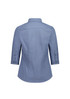 A blue and white striped women's 3/4 sleeve shirt with a collar and button details on the sleeves.