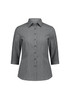A women's 3/4 sleeve shirt in a black and white striped pattern, featuring a collared neckline and button front.