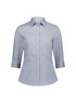 A fitted women's shirt with 3/4 sleeves in a blue and white checkered pattern. Features a classic collar and buttons.
