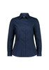A long sleeve shirt in navy blue featuring a fitted design and a button-up front. It has a collar and a logo.