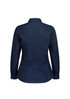 A navy blue long sleeve shirt featuring a fitted back and button-up cuffs. It has a logo on the fabric.