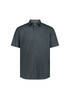 A classic fit short sleeve shirt in dark grey with a button-down front and a collar. Features a logo on the chest.