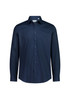 A navy blue slim fit long sleeve shirt with a button-up front and a collar, featuring a logo.