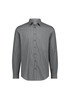 A men's slim fit long sleeve shirt in black and white stripes, featuring a collar and button-up front. Has a logo.