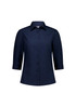 A navy blue women's 3/4 sleeve shirt featuring a button-up front and a tailored fit. It has a collar and branding.