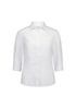 A white women's 3/4 sleeve shirt with a collar, featuring a button-up front and a logo on the label.