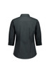 A black women's 3/4 sleeve shirt, featuring a collar and buttoned cuffs, with a smooth fabric finish.