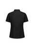 A black short sleeve women's shirt with a collar and a fitted design. It features a logo on the back.