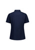 A short sleeve women's shirt in navy blue with a tailored fit and a branding logo.