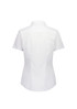 A white short sleeve shirt with a fitted design and a collar, featuring a branding logo on the back.