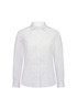 A white long sleeve shirt with a collared neckline, featuring a logo on the front.