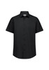 A black short sleeve shirt with a classic fit and button-down front. It features a collar and has a logo.