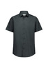 A classic fit short sleeve shirt in dark grey with a button-up front and a collar. It features a logo.