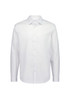 A white men's slim fit long sleeve shirt with a collar and button-down front, featuring a logo.