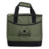 A green cooler bag with black handles and a logo on the front, designed to hold 36 cans.